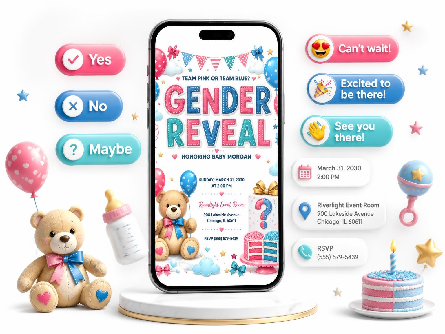 The Balloons Gender Reveal Invitation invitation on a phone, with guest RSVPs arriving around it