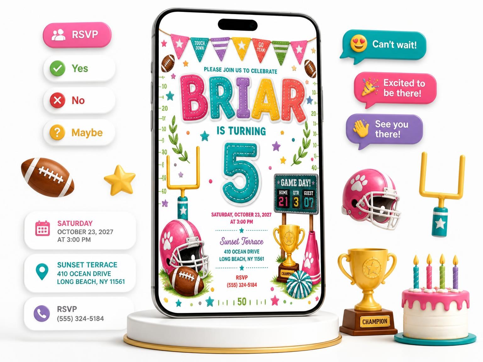 The Stitched Football 5th Birthday Invitation invitation on a phone, with guest RSVPs arriving around it