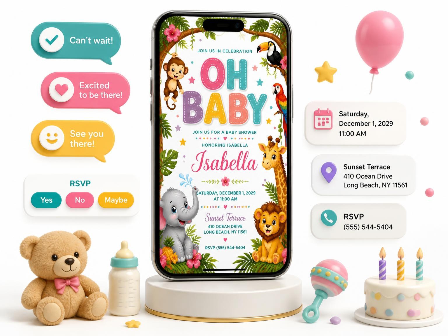 The Jungle Animals Baby Shower Invitation invitation on a phone, with guest RSVPs arriving around it