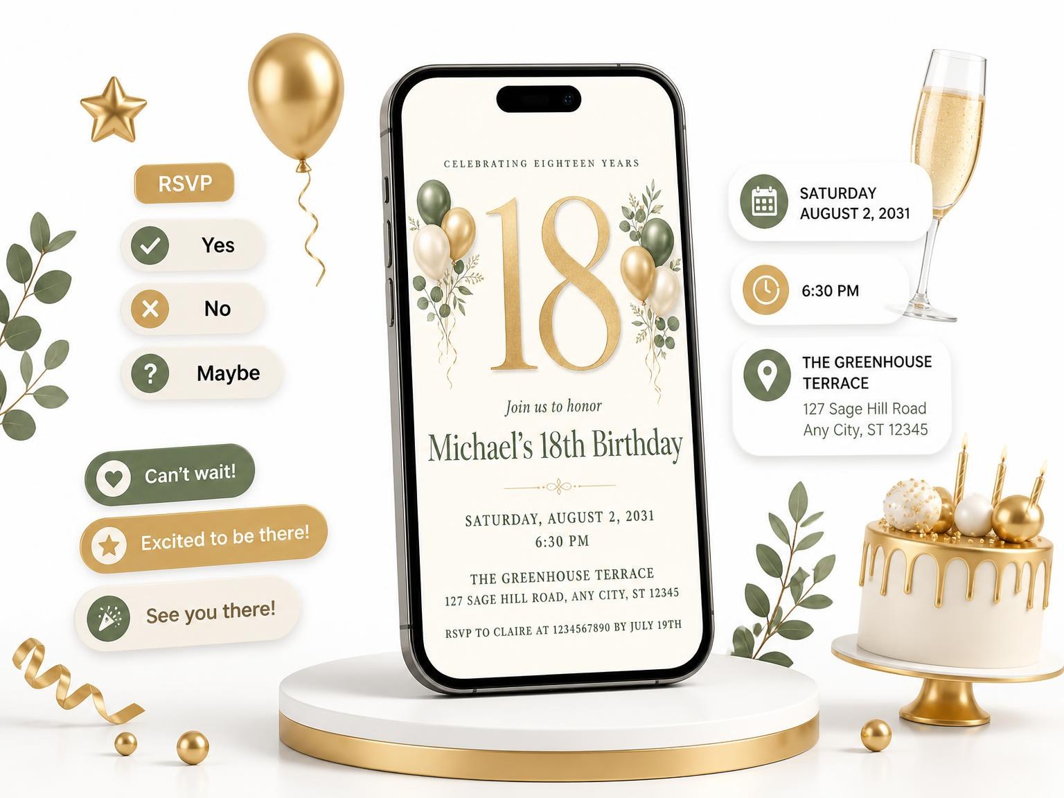 The Sage and Ivory 18th Birthday Invitation invitation on a phone, with guest RSVPs arriving around it