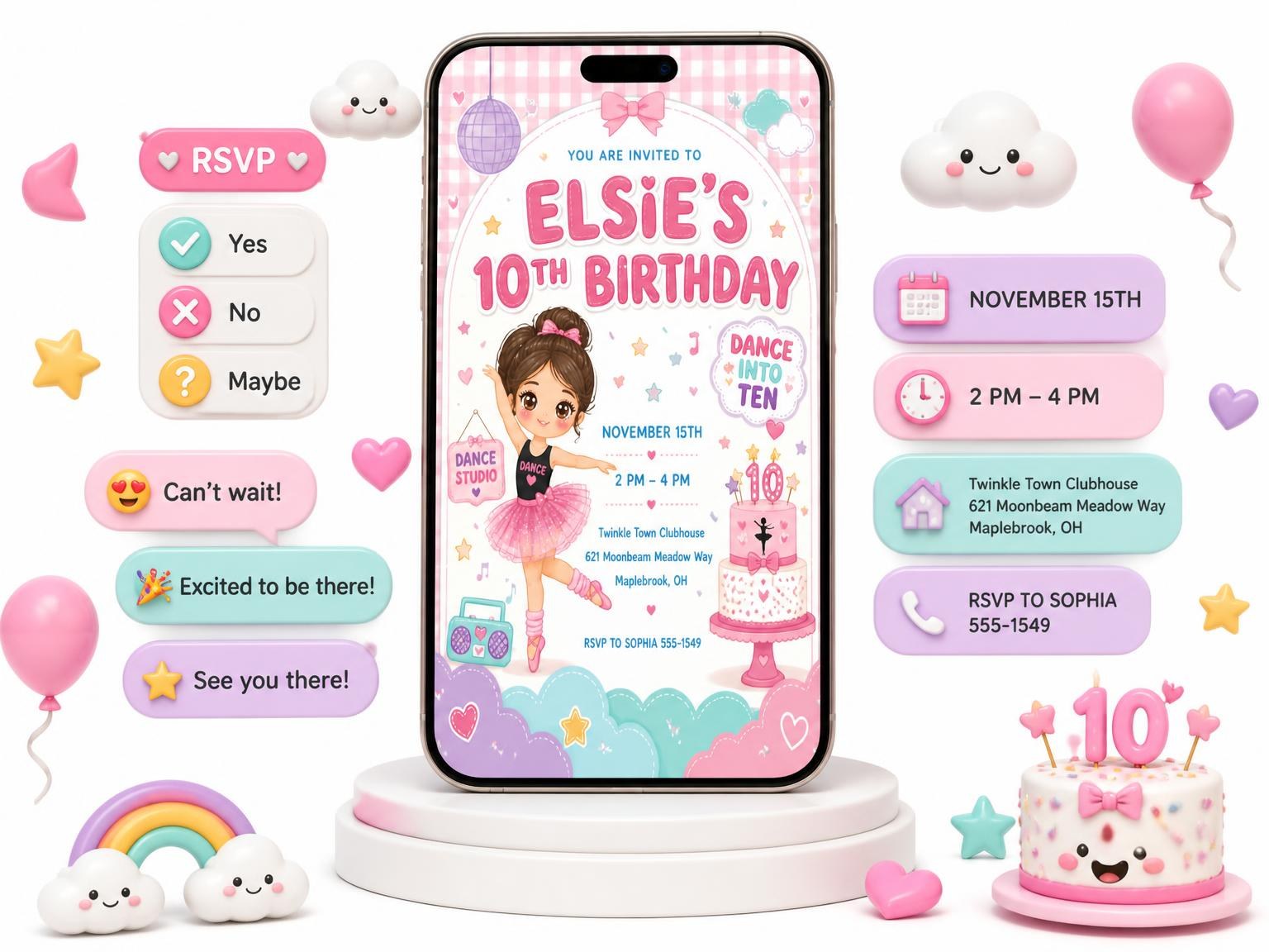 The Ballerina Kawaii 10th Birthday Invitation invitation on a phone, with guest RSVPs arriving around it