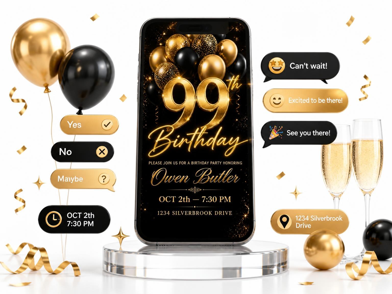 The Black and Gold Balloon 99th Birthday invitation on a phone, with guest RSVPs arriving around it