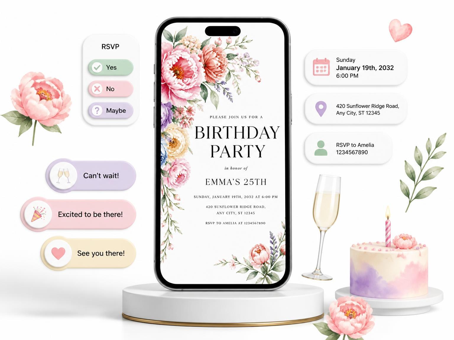 The Pastel Floral Bouquet 25th Birthday Invitation invitation on a phone, with guest RSVPs arriving around it