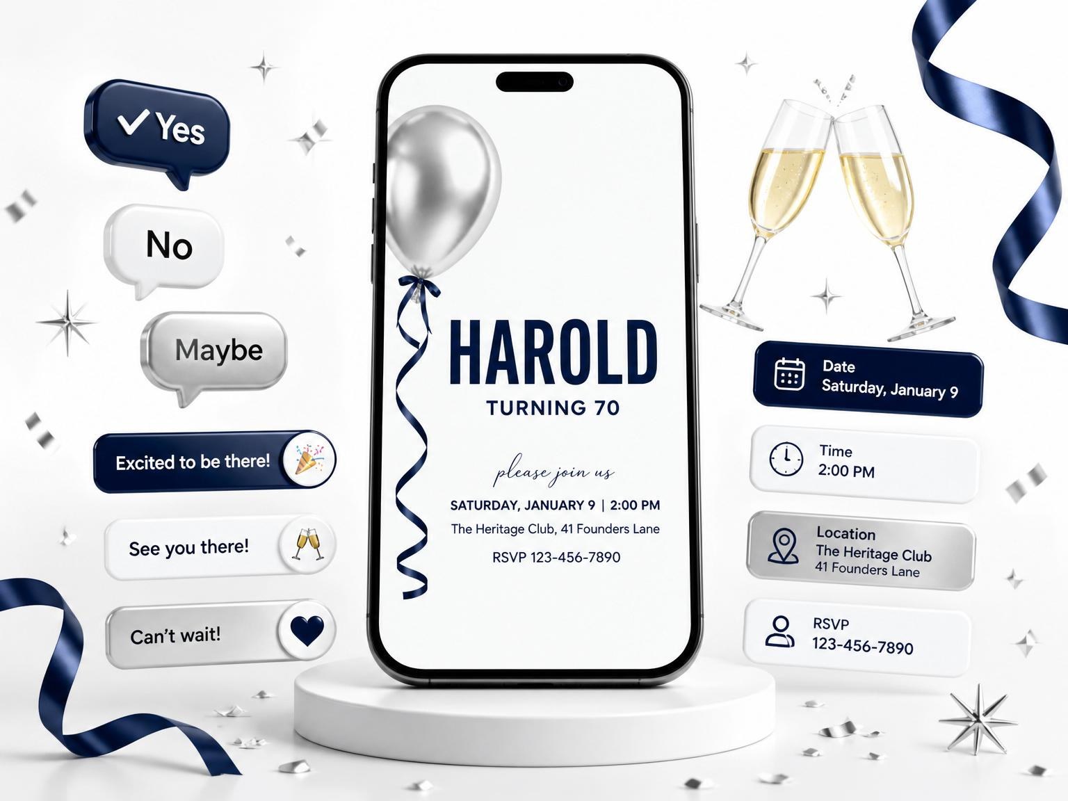 The Silver Balloon Navy Ribbon 70th Birthday invitation on a phone, with guest RSVPs arriving around it