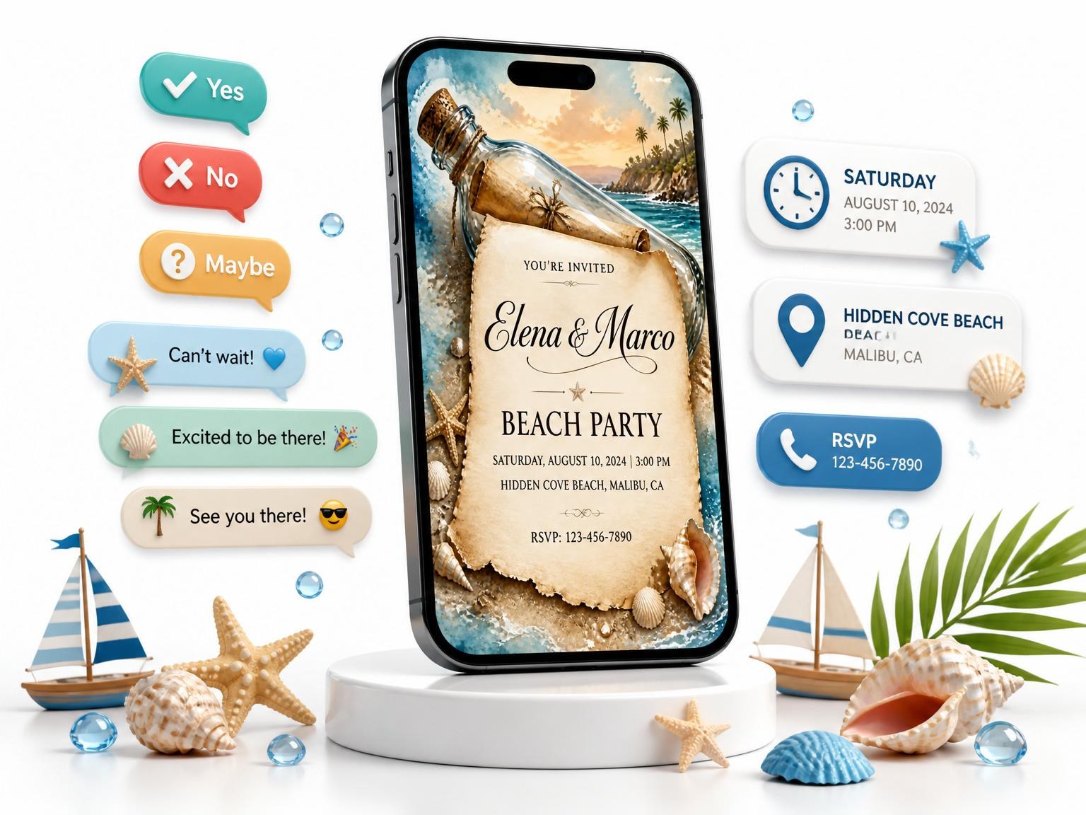 The Watercolor Beach Party Invitation invitation on a phone, with guest RSVPs arriving around it