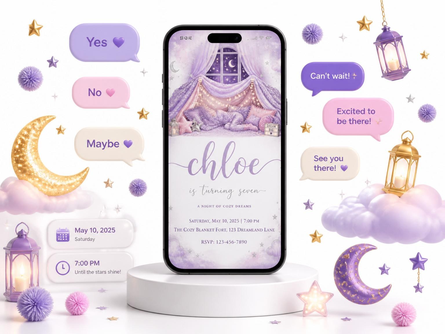 The Lavender Watercolor Blanket Fort Sleepover invitation on a phone, with guest RSVPs arriving around it