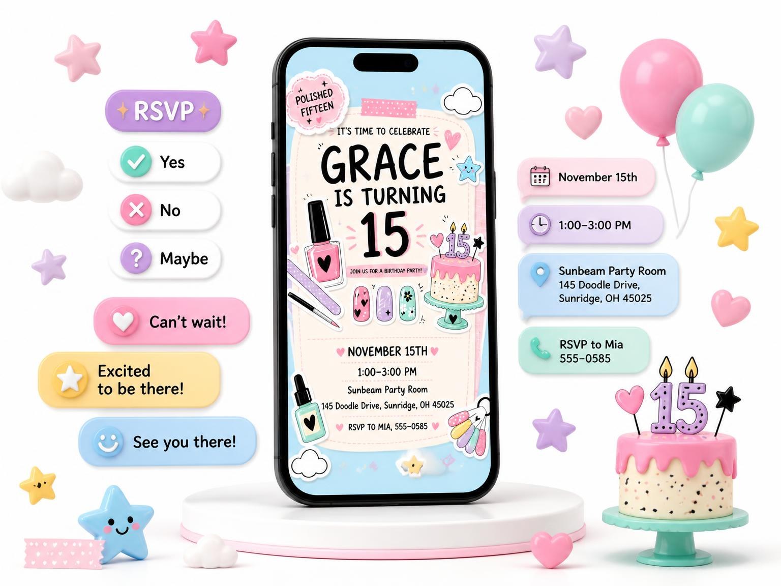 The Care Tools Pastel 15th Birthday Invitation invitation on a phone, with guest RSVPs arriving around it