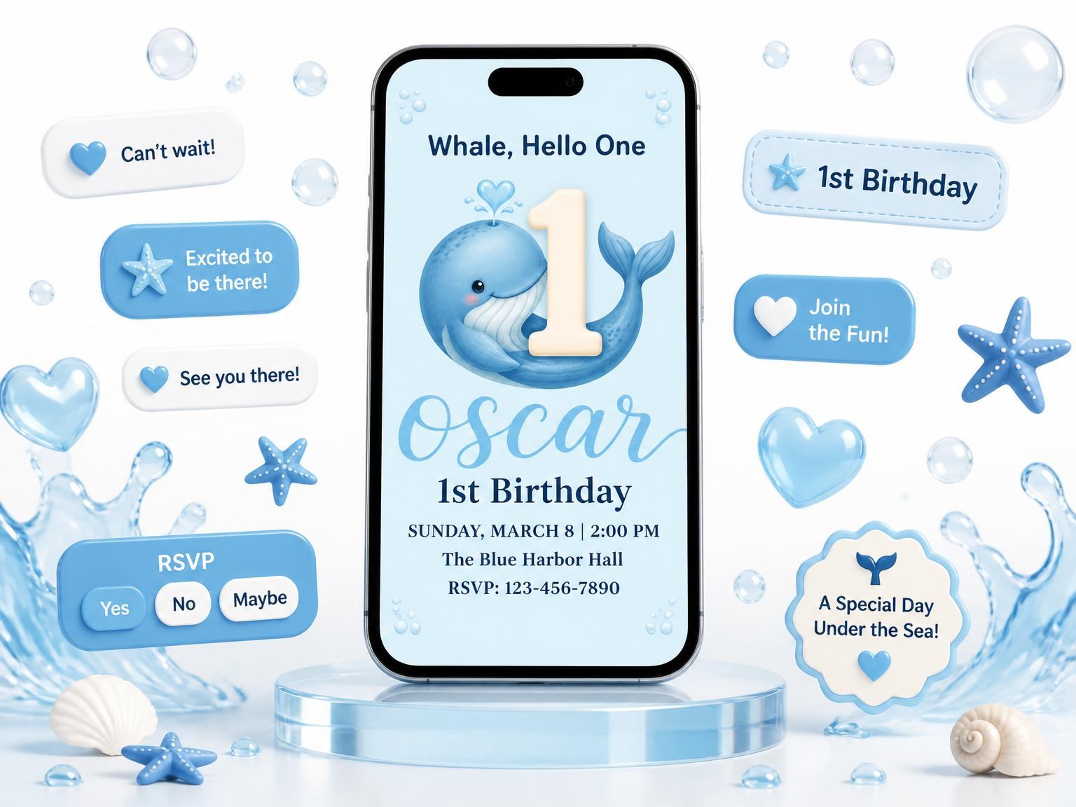 The Blue Watercolor Whale 1st Birthday invitation on a phone, with guest RSVPs arriving around it