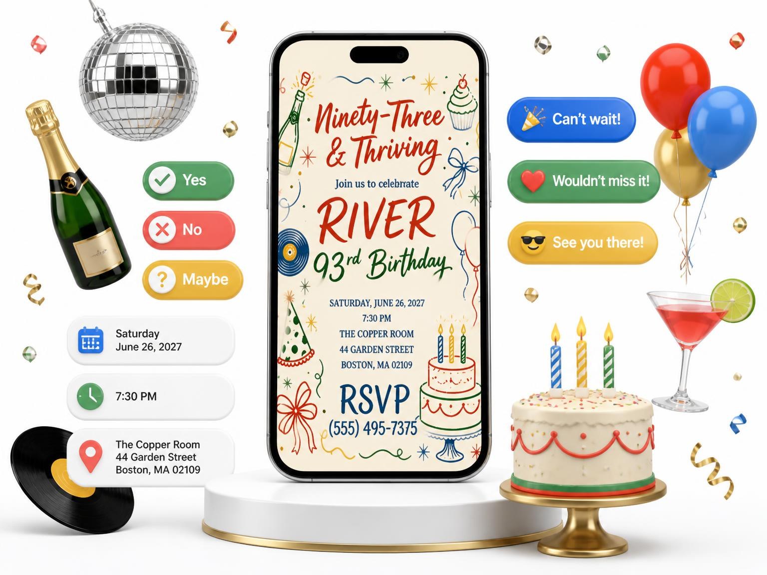 The Retro Doodle 93rd Birthday Invitation invitation on a phone, with guest RSVPs arriving around it