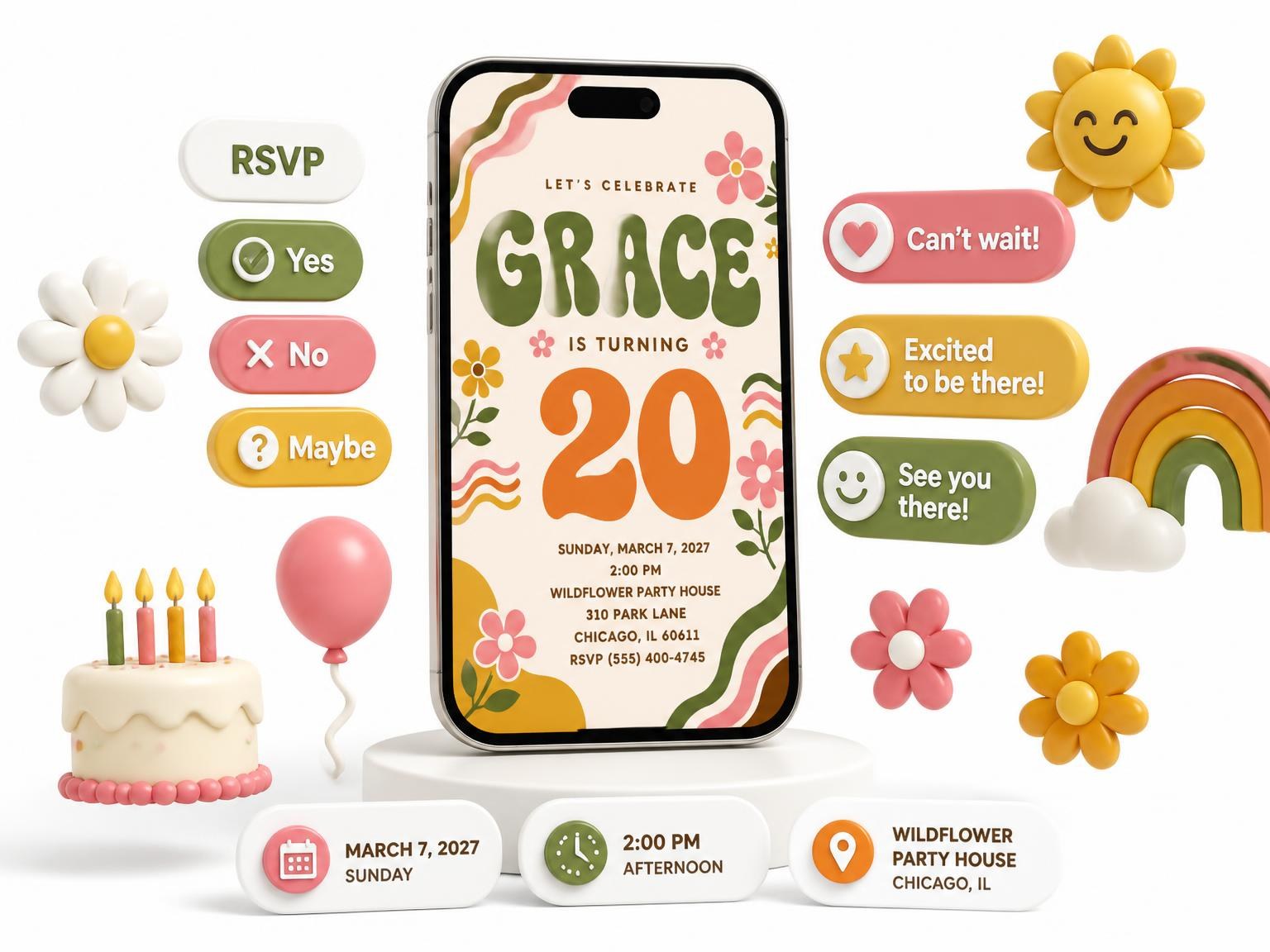 The Groovy Retro 20th Birthday Invitation invitation on a phone, with guest RSVPs arriving around it