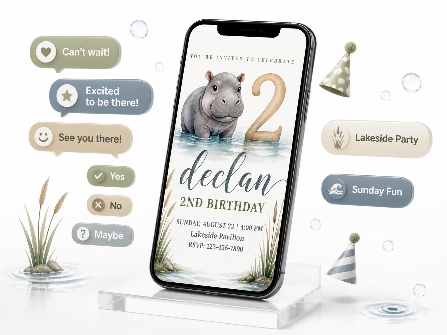 The Watercolor Hippo Pond 2nd Birthday Invitation invitation on a phone, with guest RSVPs arriving around it