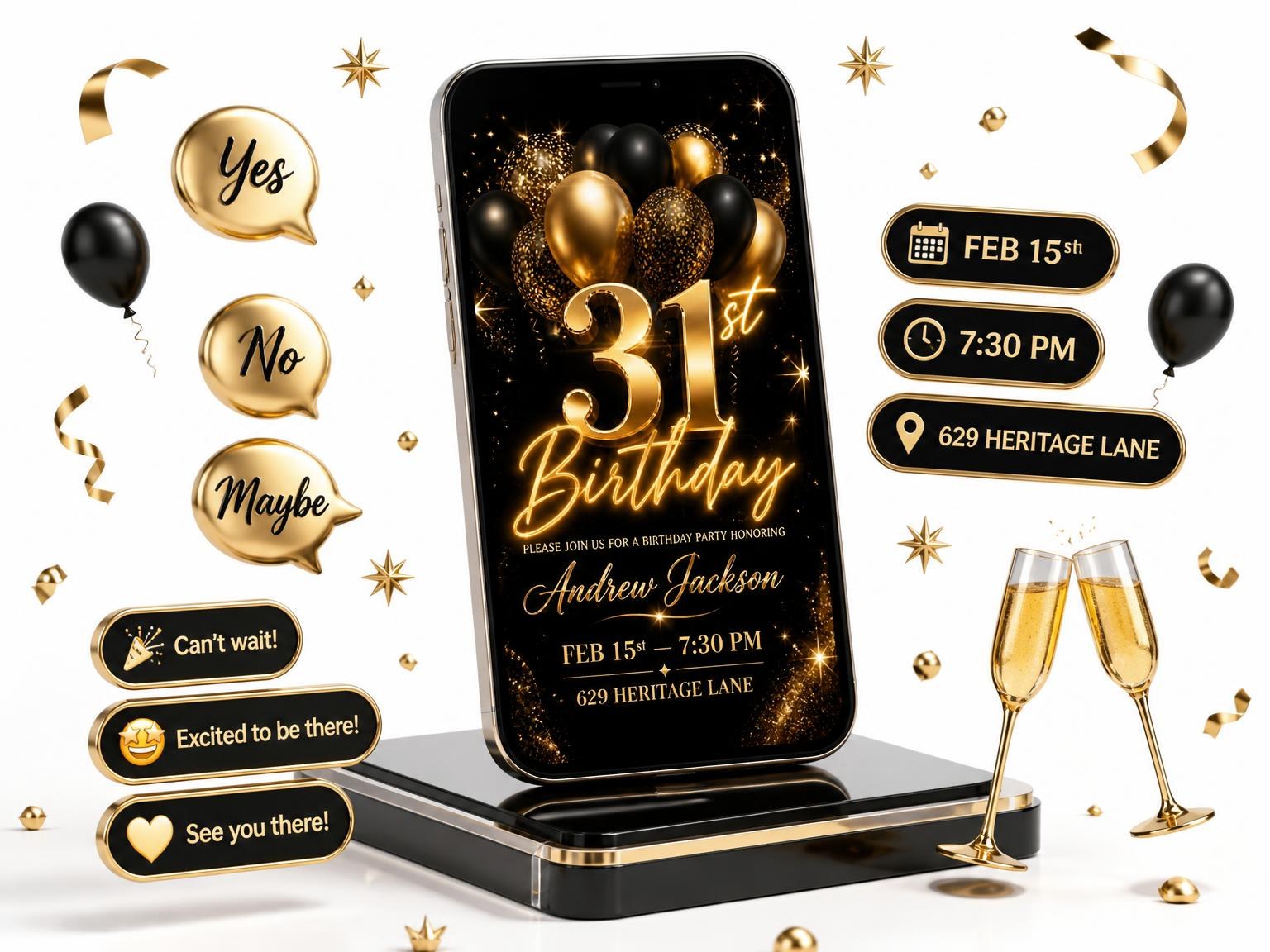 The Black and Gold Balloon 31st Birthday invitation on a phone, with guest RSVPs arriving around it
