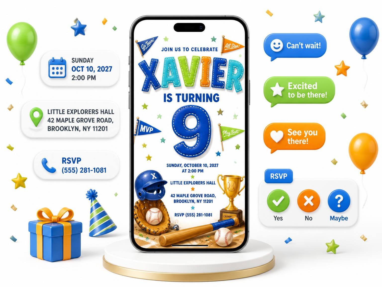 The Baseball Gear Stitched 9th Birthday Invitation invitation on a phone, with guest RSVPs arriving around it