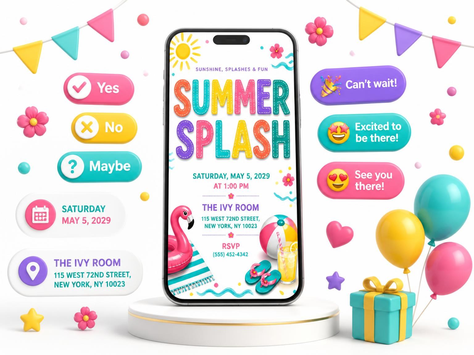 The Smiling Sun Summer Party Invitation invitation on a phone, with guest RSVPs arriving around it