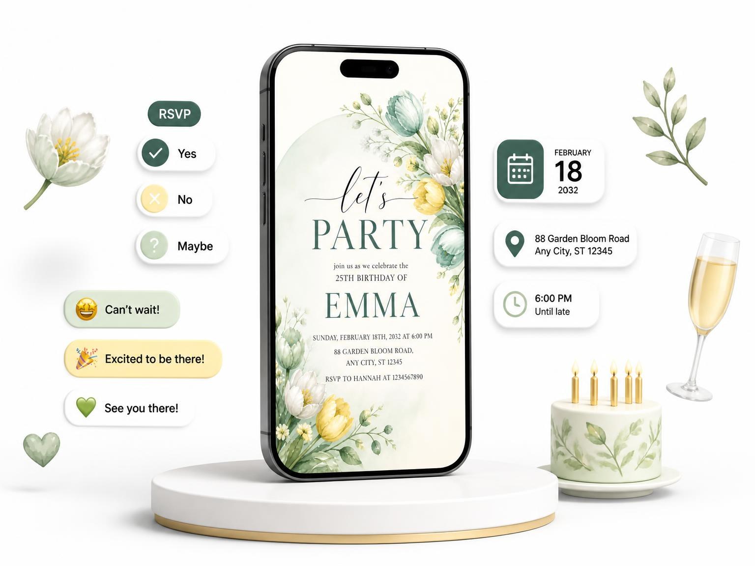 The Arched Backdrop Mint 25th Birthday Invitation invitation on a phone, with guest RSVPs arriving around it