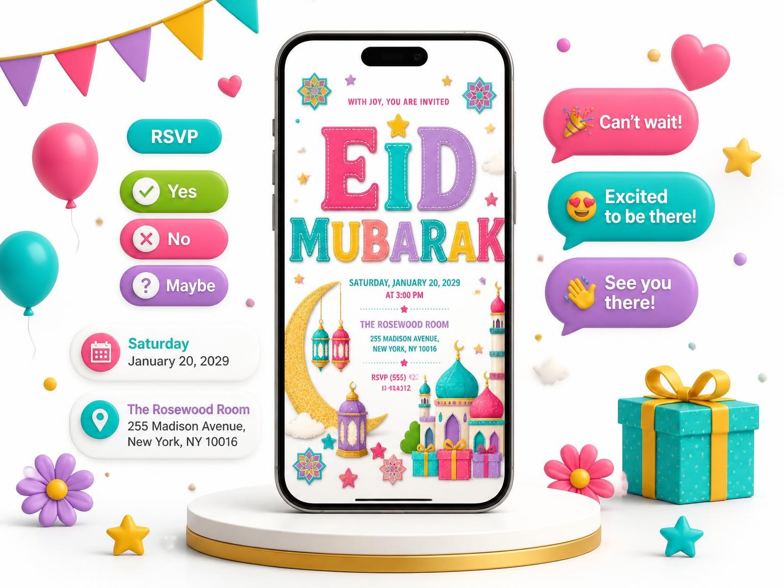 The Crescent Moon Eid Mubarak Invitation invitation on a phone, with guest RSVPs arriving around it