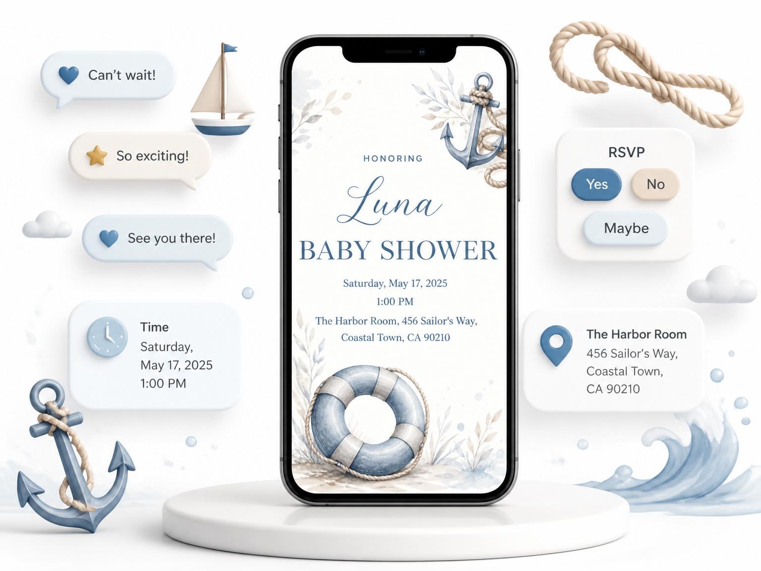 The Watercolor Anchor Life Ring Baby Shower invitation on a phone, with guest RSVPs arriving around it