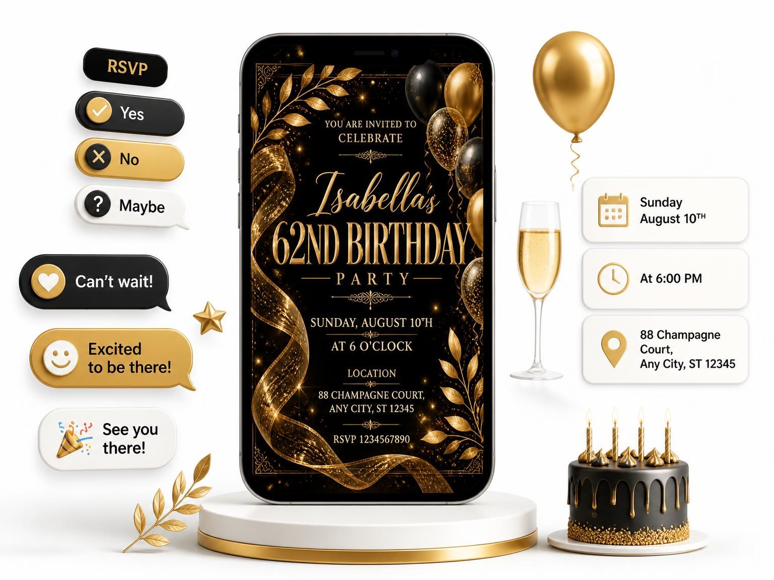 The Black and Gold 62nd Birthday Invitation invitation on a phone, with guest RSVPs arriving around it
