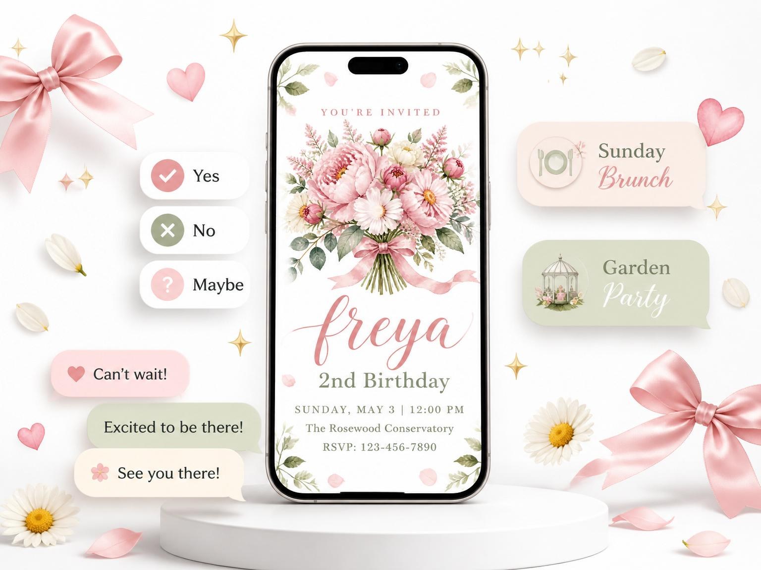 The Watercolor Peony and Daisy 2nd Birthday invitation on a phone, with guest RSVPs arriving around it