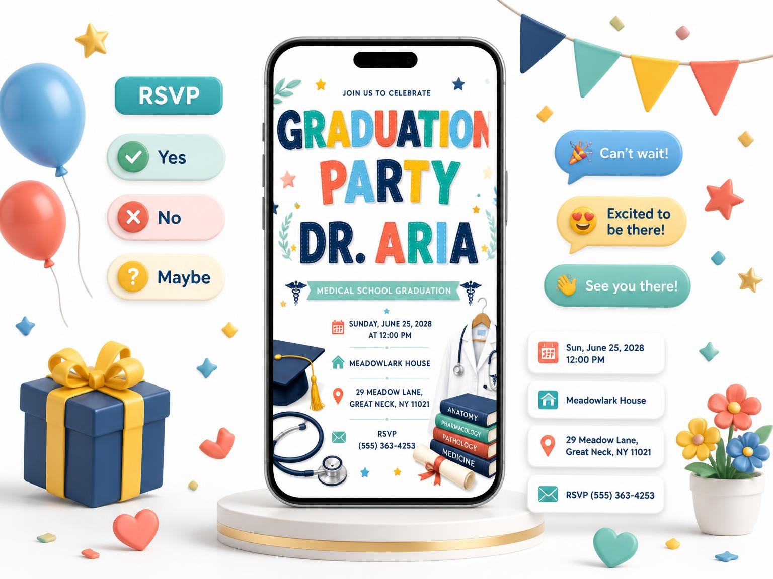 The Caduceus Symbols Graduation Invitation invitation on a phone, with guest RSVPs arriving around it