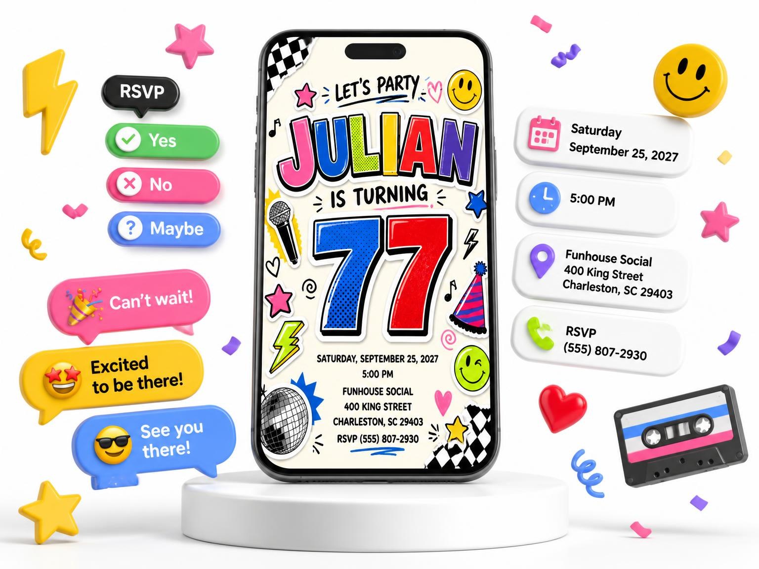 The Sticker Pop 77th Birthday Invitation invitation on a phone, with guest RSVPs arriving around it