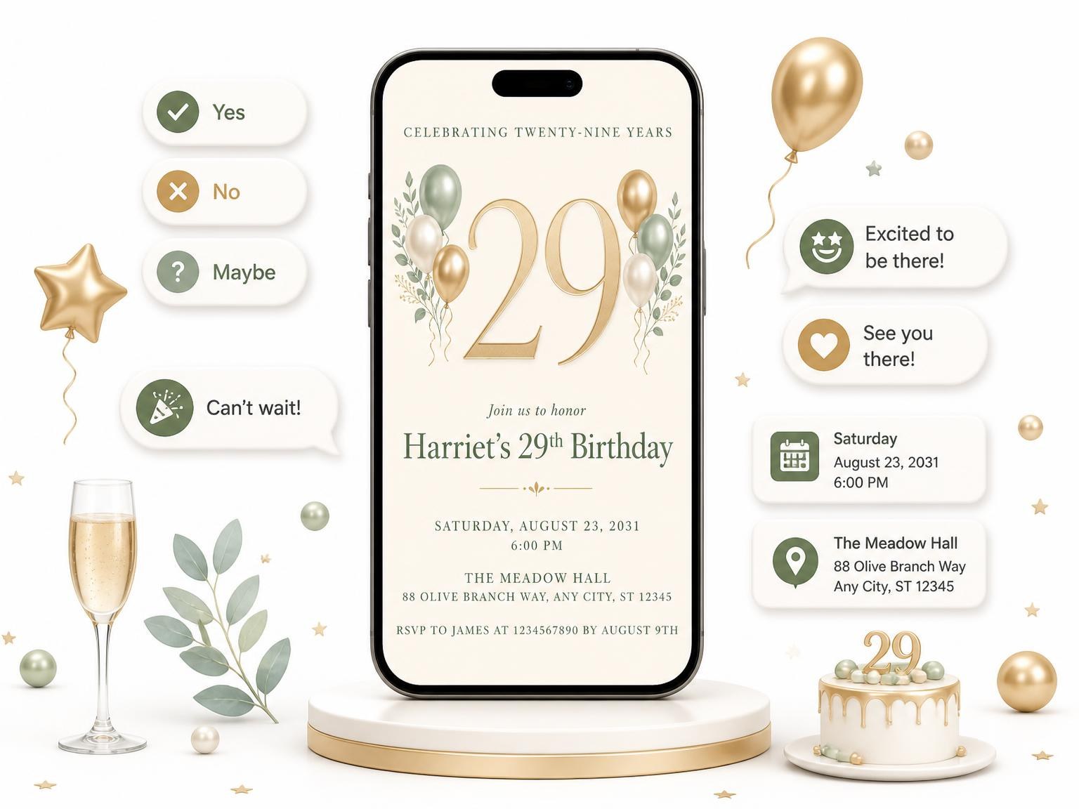 The Sage and Ivory 29th Birthday Invitation invitation on a phone, with guest RSVPs arriving around it