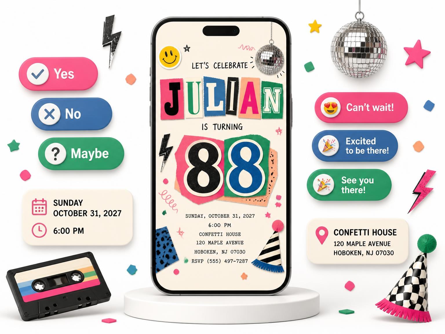The Retro Paper Collage 88th Birthday Invitation invitation on a phone, with guest RSVPs arriving around it