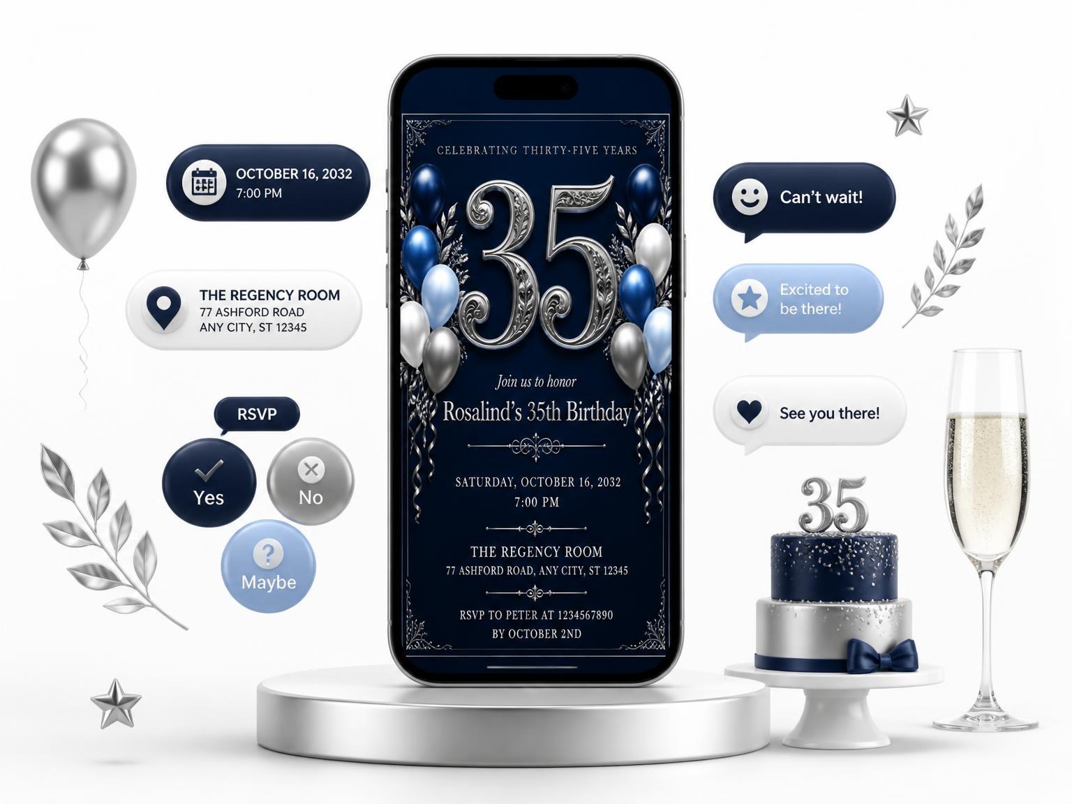 The Navy and Silver 35th Birthday Invitation invitation on a phone, with guest RSVPs arriving around it