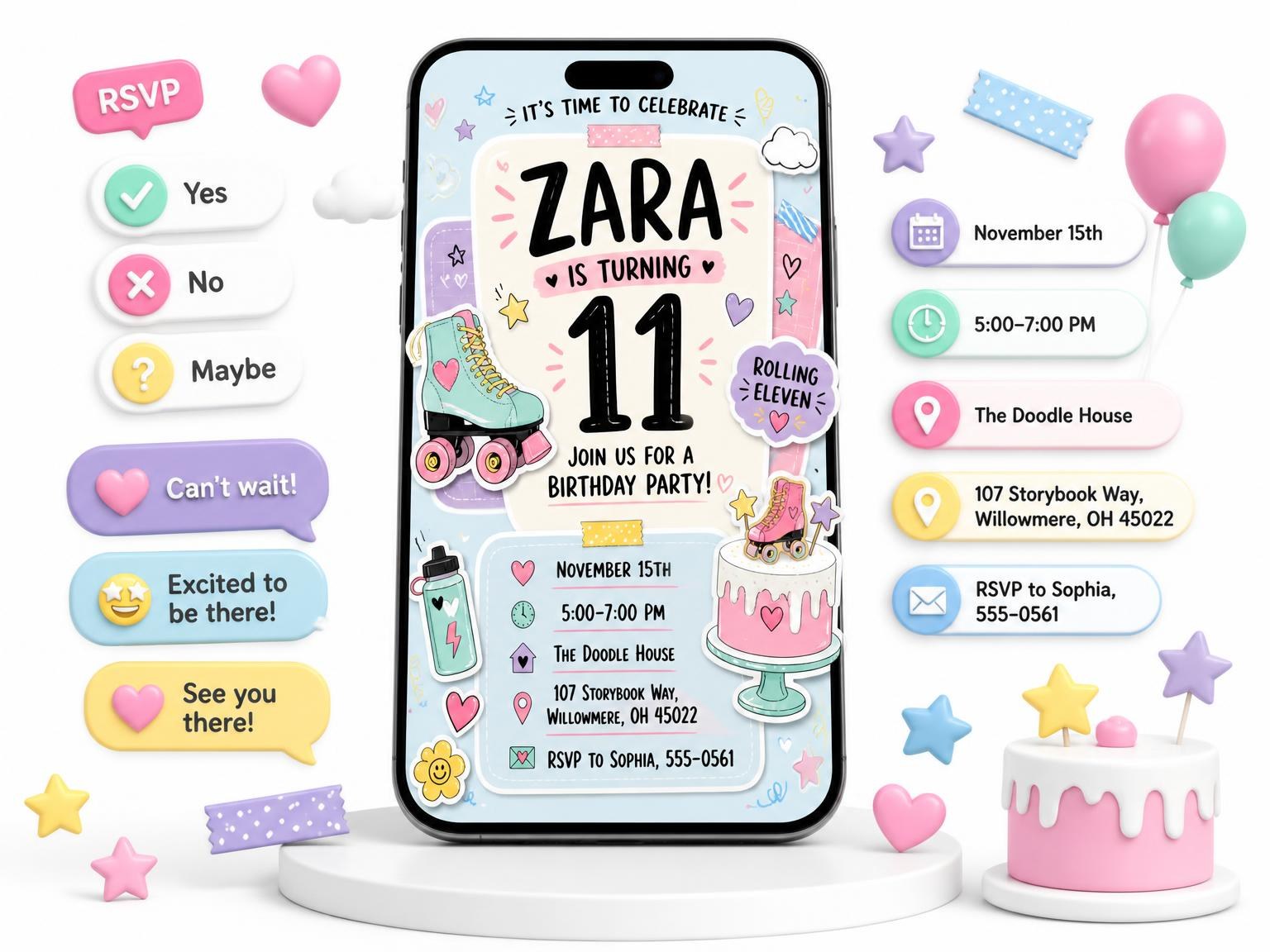 The Pastel Roller Skate 11th Birthday Invitation invitation on a phone, with guest RSVPs arriving around it