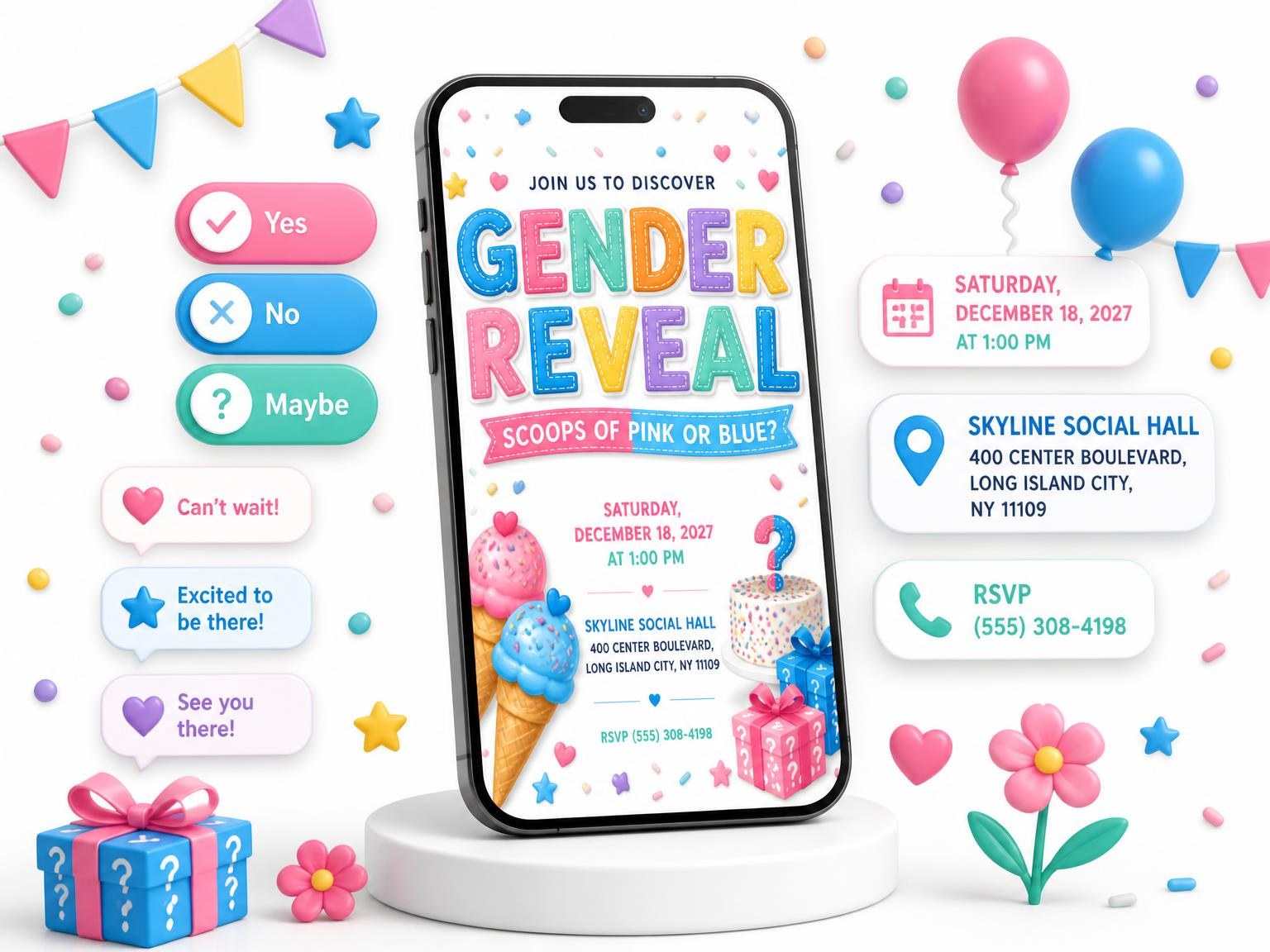The Ice Cream Gender Reveal Invitation invitation on a phone, with guest RSVPs arriving around it