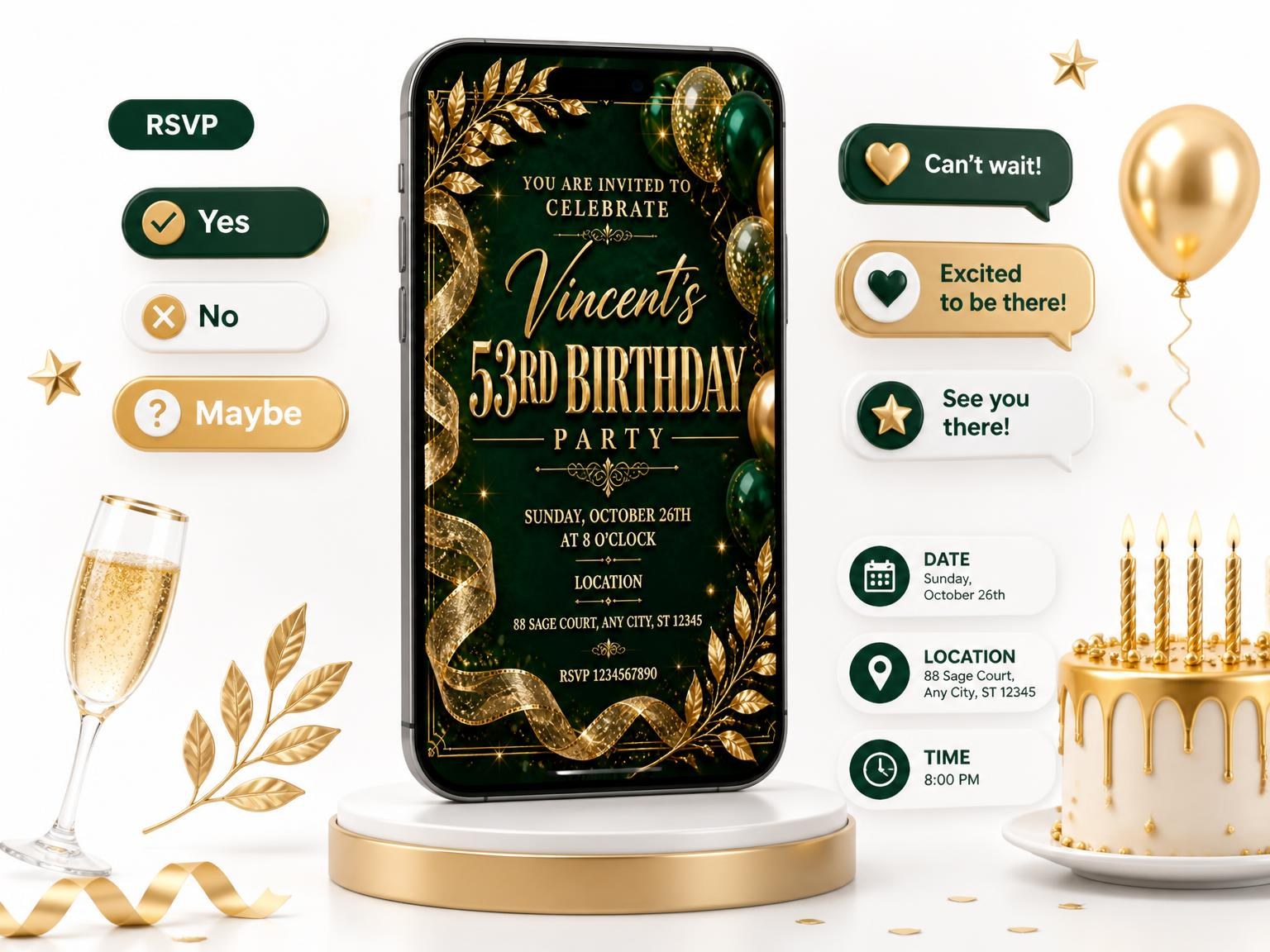 The Emerald and Champagne 53rd Birthday Invitation invitation on a phone, with guest RSVPs arriving around it