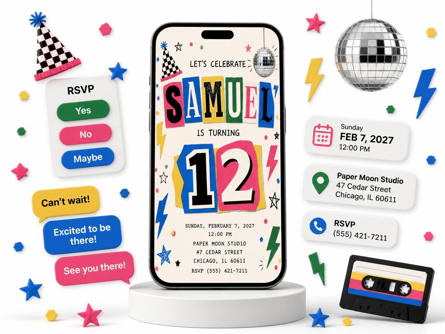 The Retro Paper Collage 12th Birthday Invitation invitation on a phone, with guest RSVPs arriving around it