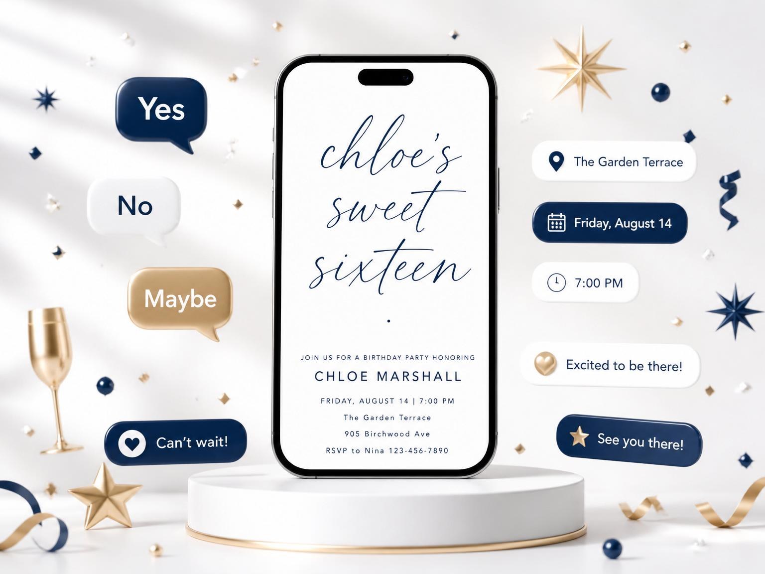 The Navy Script Minimalist 16th Birthday Invitation invitation on a phone, with guest RSVPs arriving around it