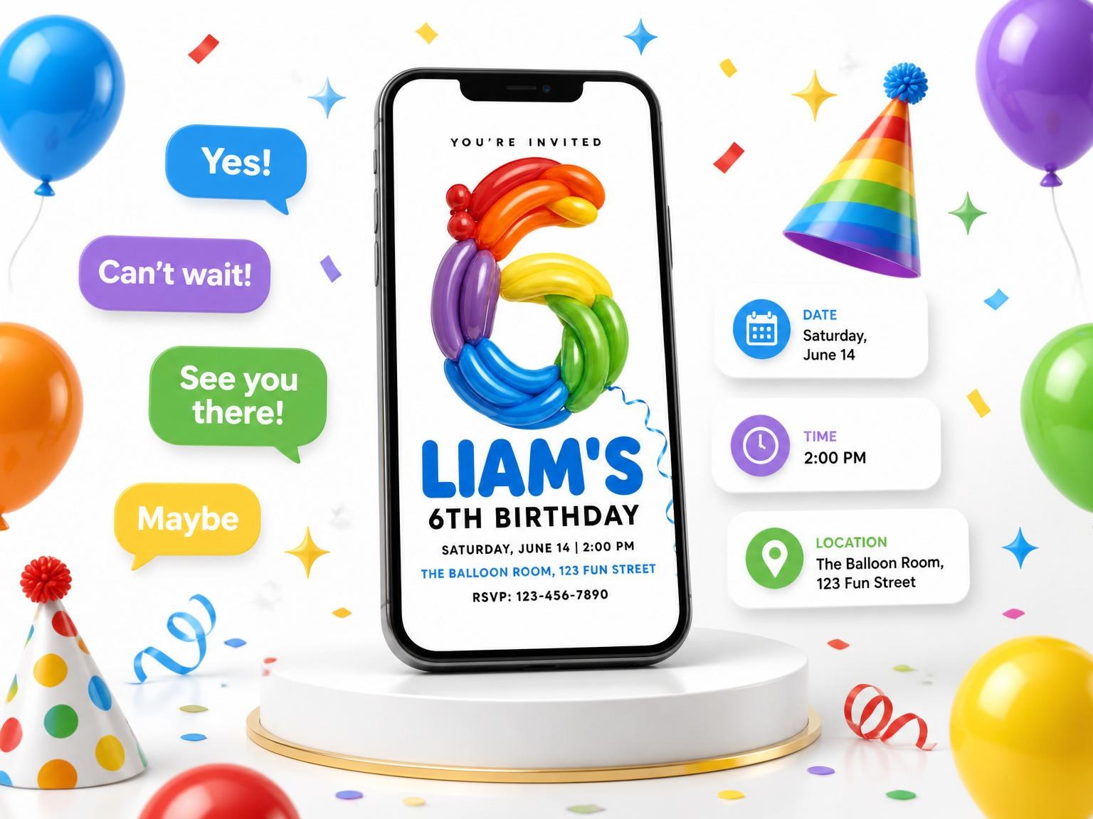 The Rainbow Balloon Animal Number Birthday invitation on a phone, with guest RSVPs arriving around it