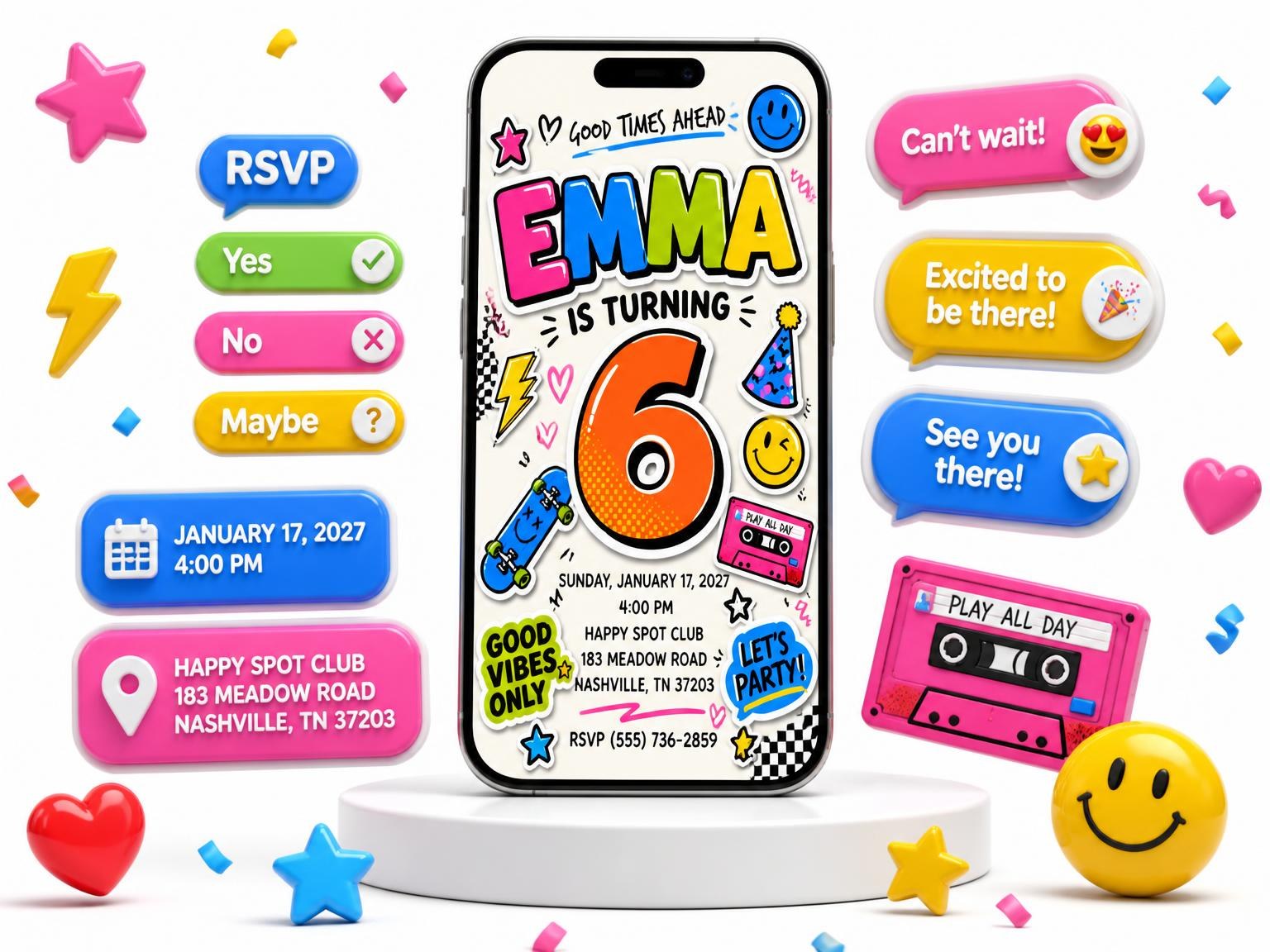 The Sticker Pop 6th Birthday Invitation invitation on a phone, with guest RSVPs arriving around it