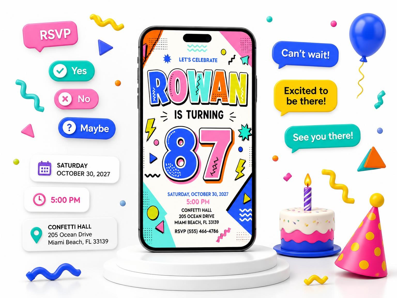 The Memphis Pop 87th Birthday Invitation invitation on a phone, with guest RSVPs arriving around it