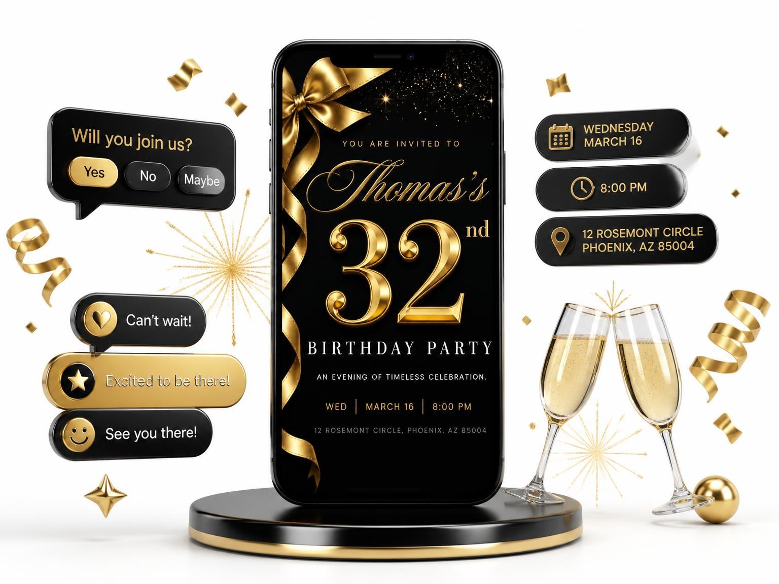 The Black and Gold Ribbon 32nd Birthday invitation on a phone, with guest RSVPs arriving around it