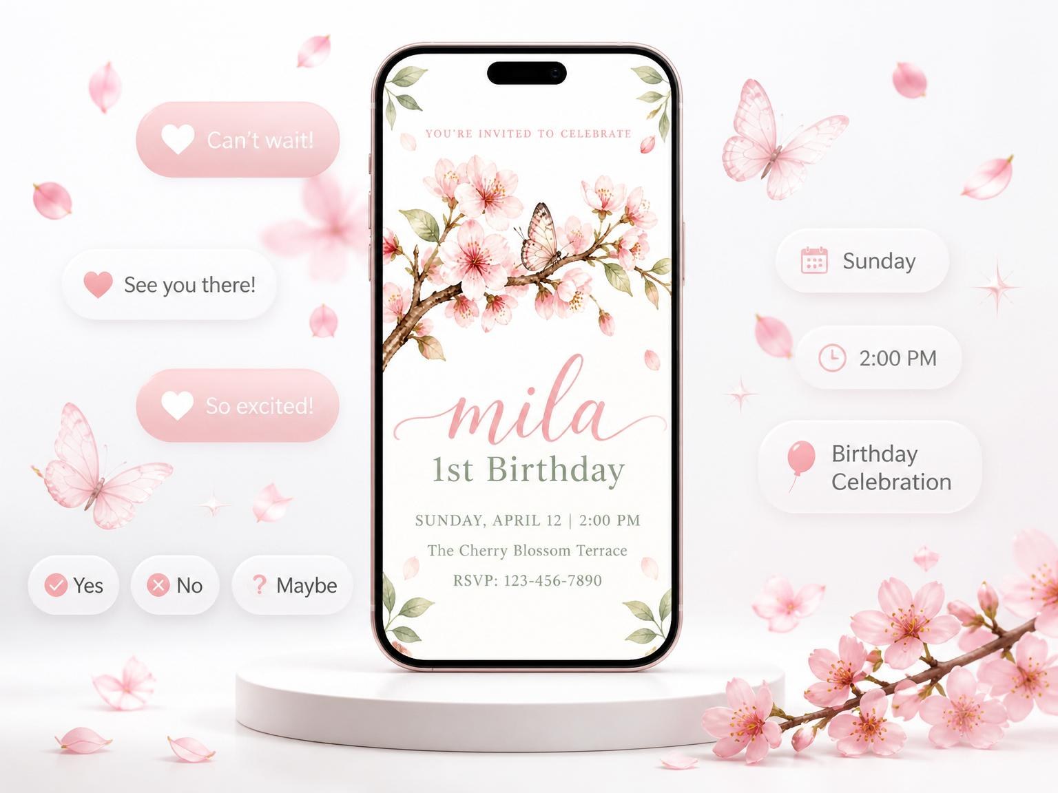 The Watercolor Cherry Blossom Butterfly 1st Birthday invitation on a phone, with guest RSVPs arriving around it