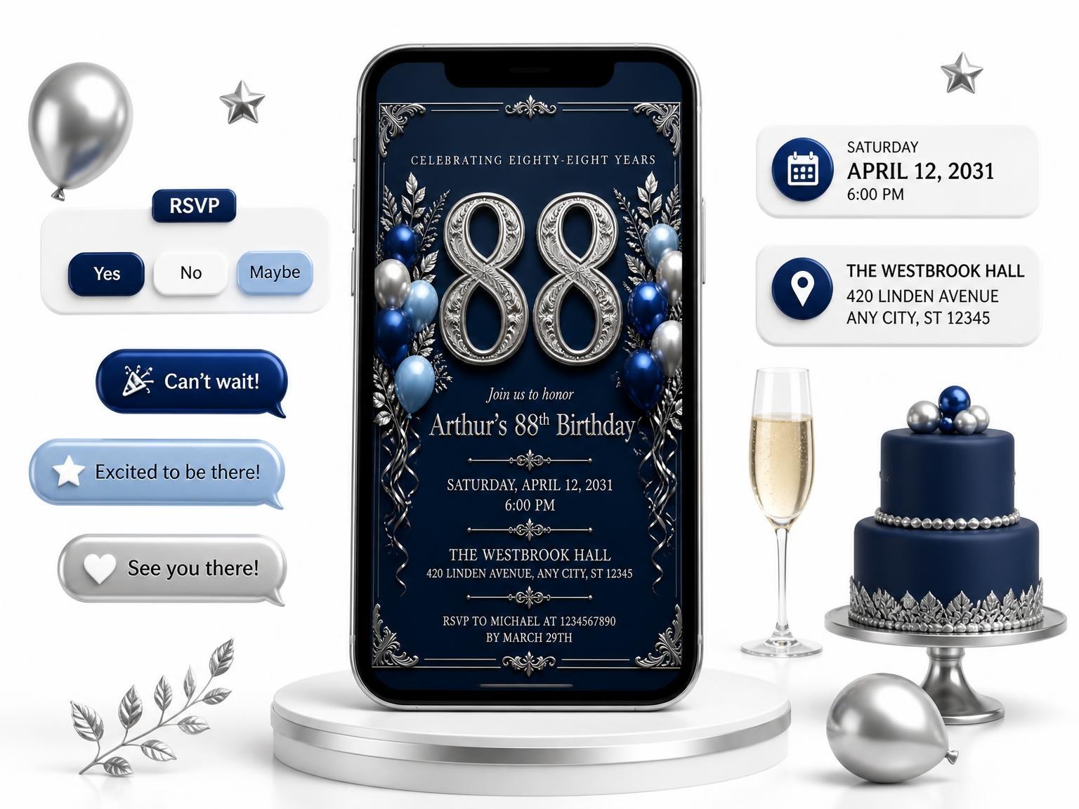 The Navy and Silver 88th Birthday Invitation invitation on a phone, with guest RSVPs arriving around it
