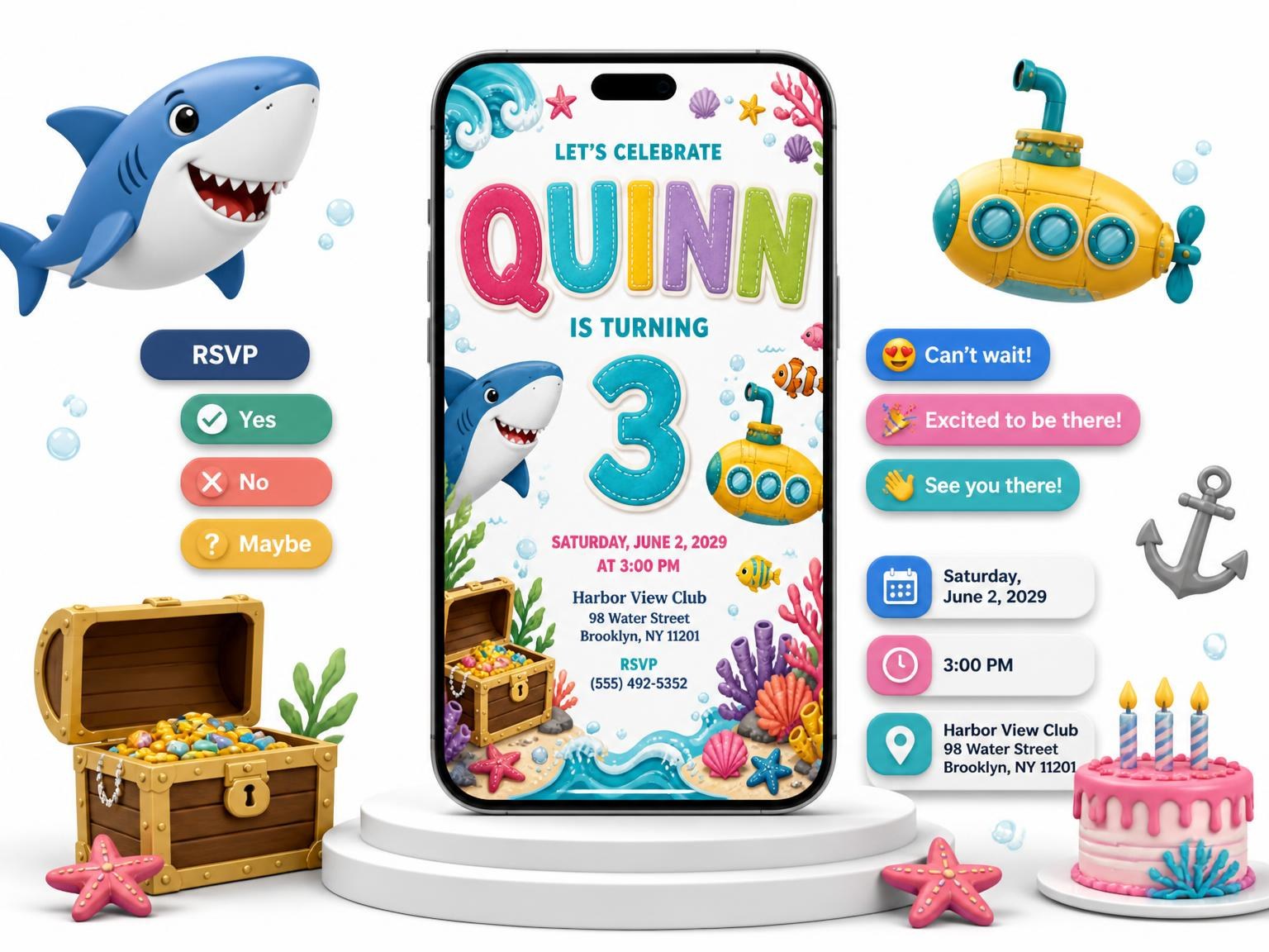 The Stitched Shark 3rd Birthday Invitation invitation on a phone, with guest RSVPs arriving around it