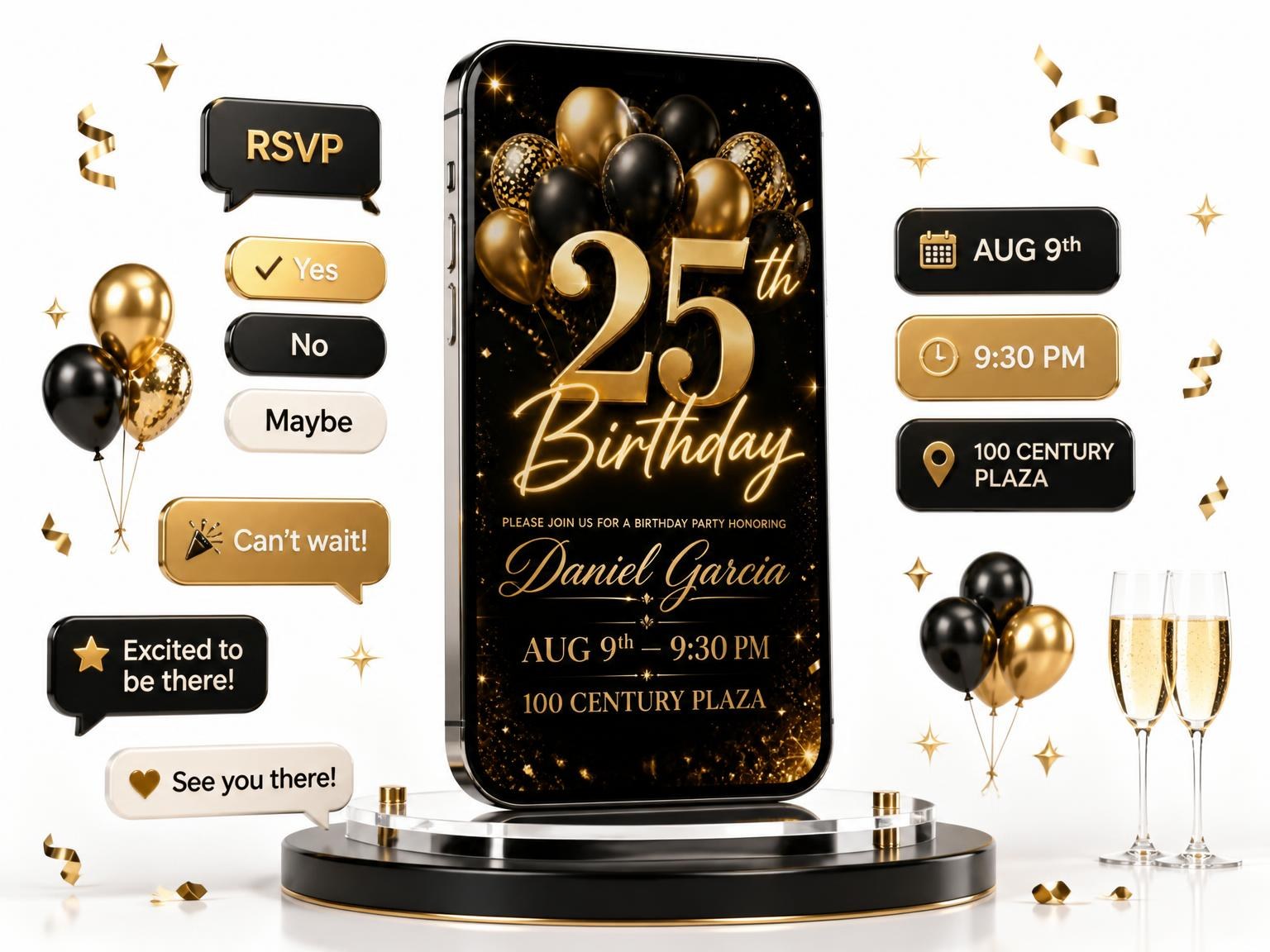 The Black and Gold Balloon 25th Birthday invitation on a phone, with guest RSVPs arriving around it