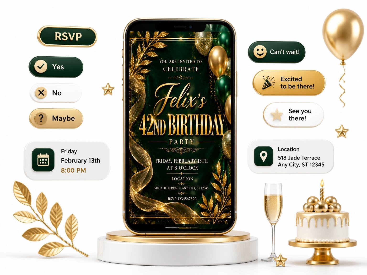 The Emerald and Champagne 42nd Birthday Invitation invitation on a phone, with guest RSVPs arriving around it