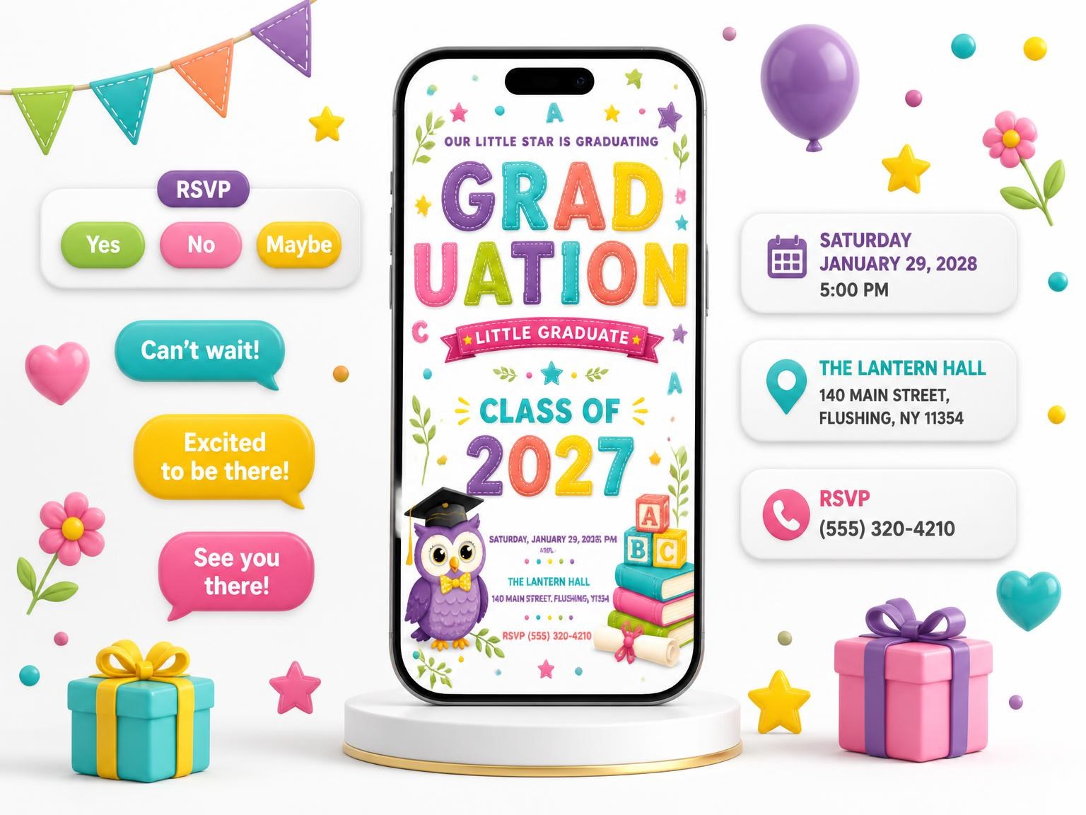 The Book Stack Graduation Invitation invitation on a phone, with guest RSVPs arriving around it