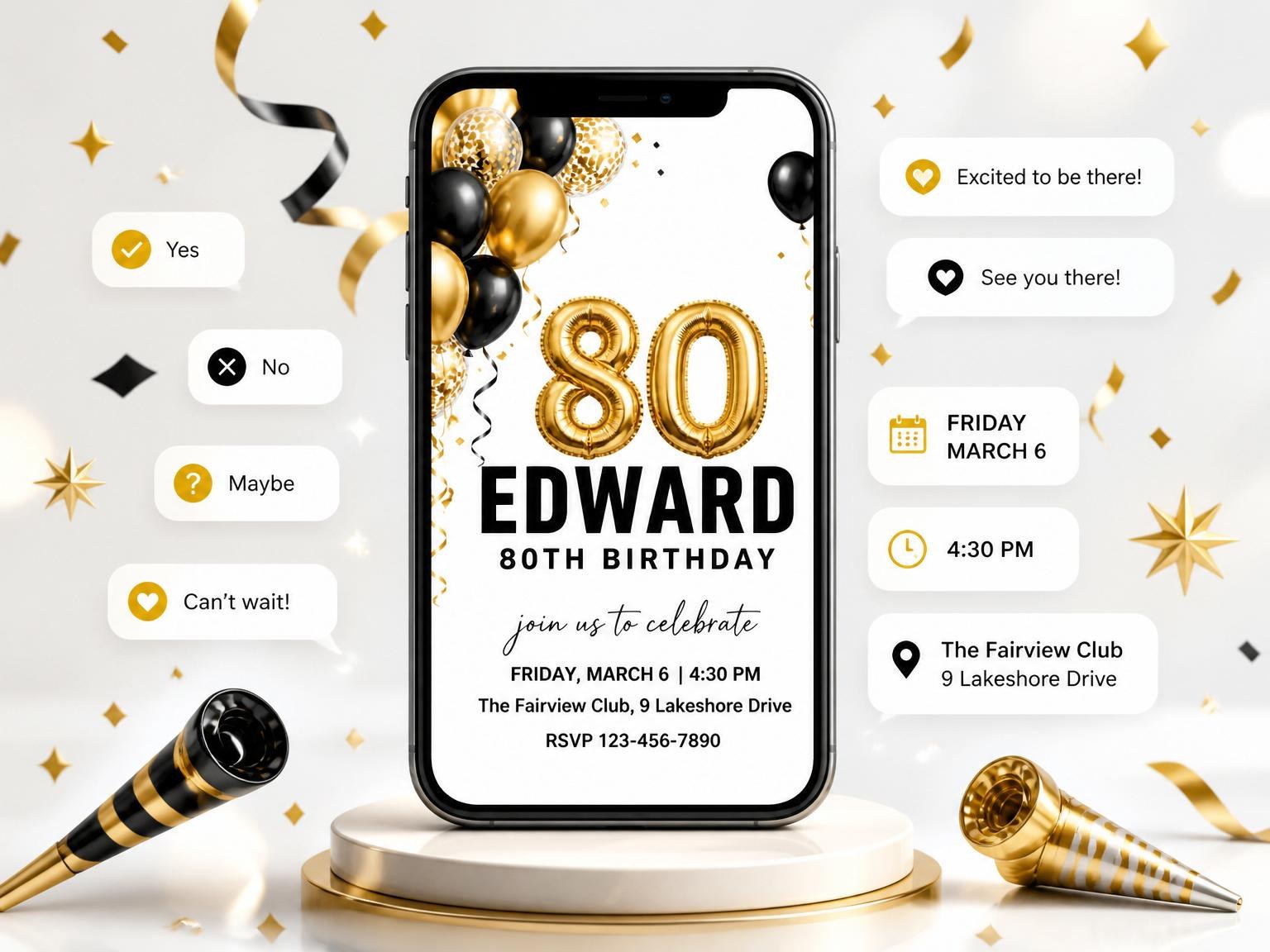 The Gold Balloon 80th Birthday Invitation invitation on a phone, with guest RSVPs arriving around it