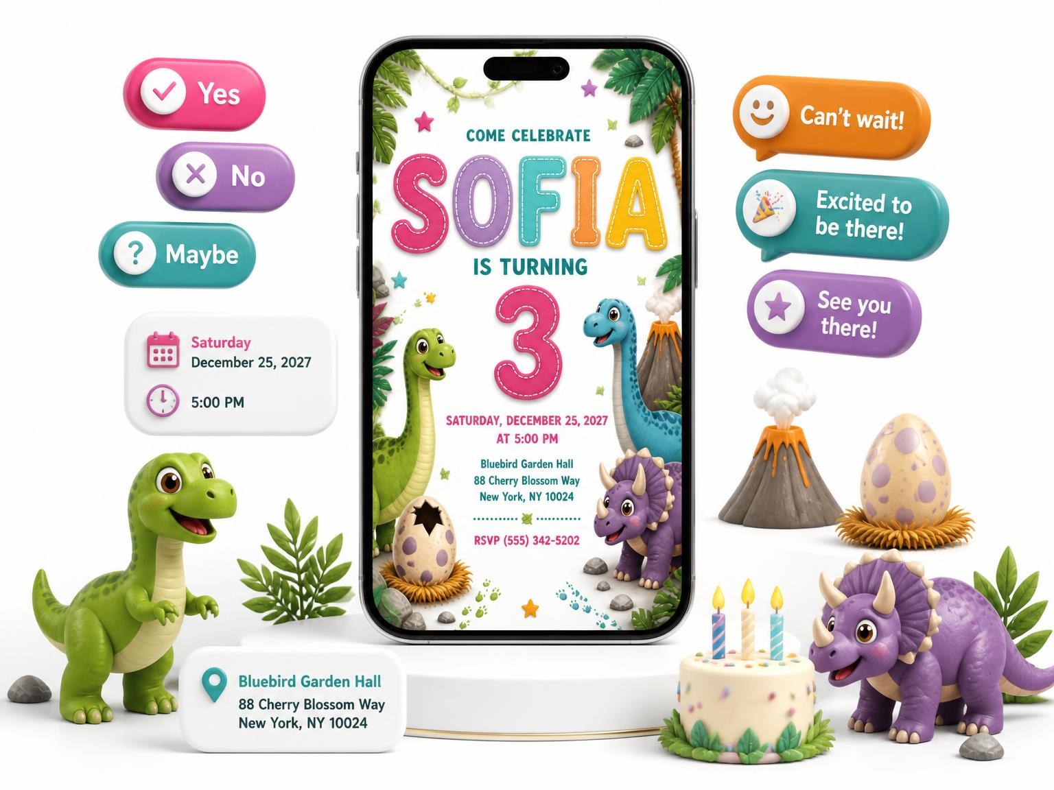 The Stitched Dinosaur 3rd Birthday Invitation invitation on a phone, with guest RSVPs arriving around it