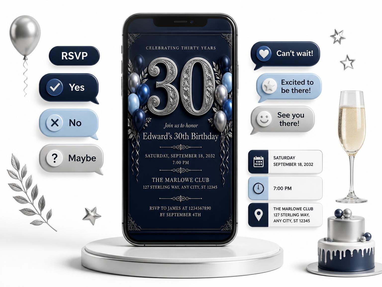 The Navy and Silver 30th Birthday Invitation invitation on a phone, with guest RSVPs arriving around it
