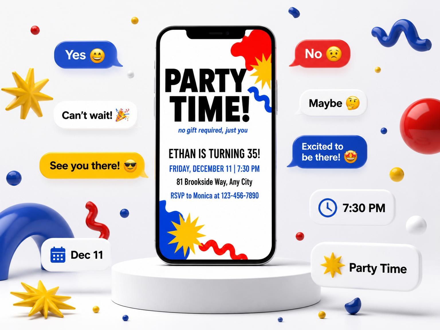 The Primary Memphis Shape Birthday Invitation invitation on a phone, with guest RSVPs arriving around it