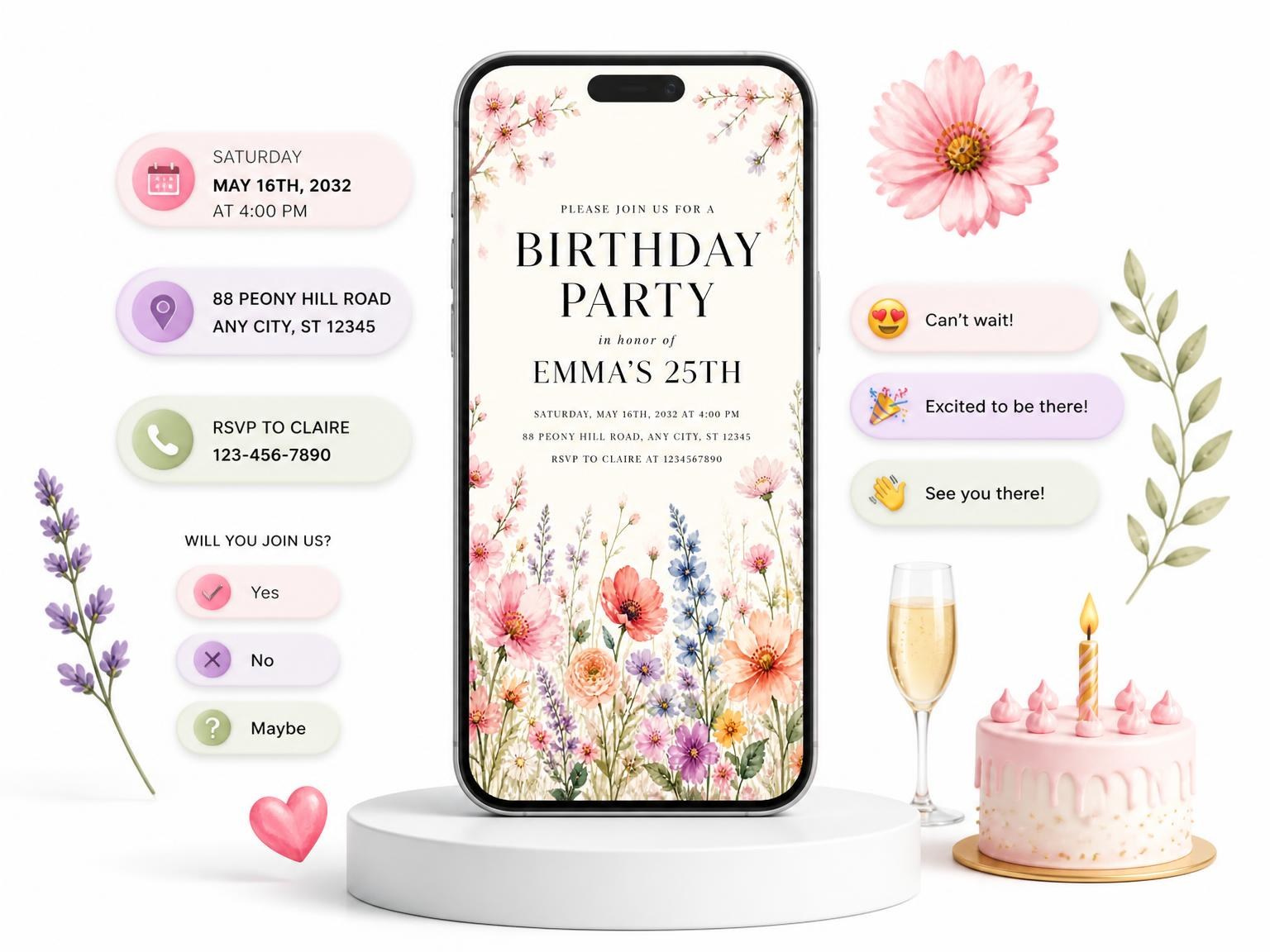 The Pastel Wildflower Meadow 25th Birthday Invitation invitation on a phone, with guest RSVPs arriving around it