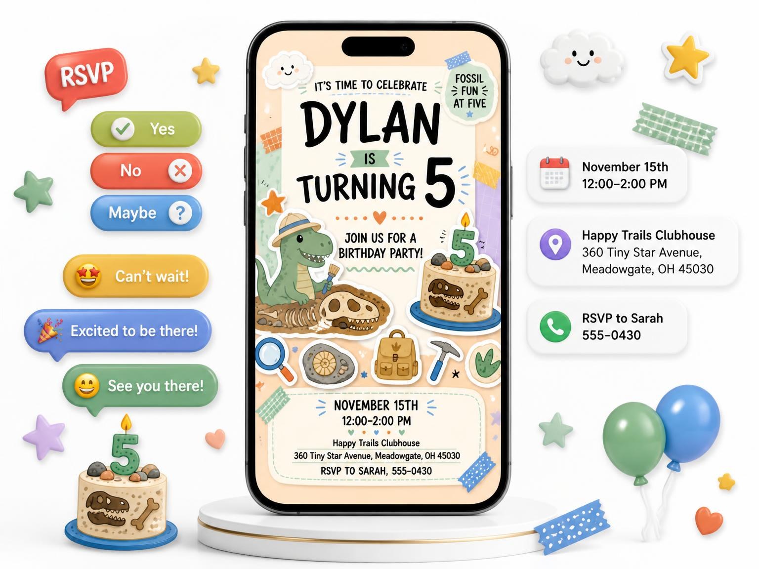 The Pastel Dinosaur 5th Birthday Invitation invitation on a phone, with guest RSVPs arriving around it