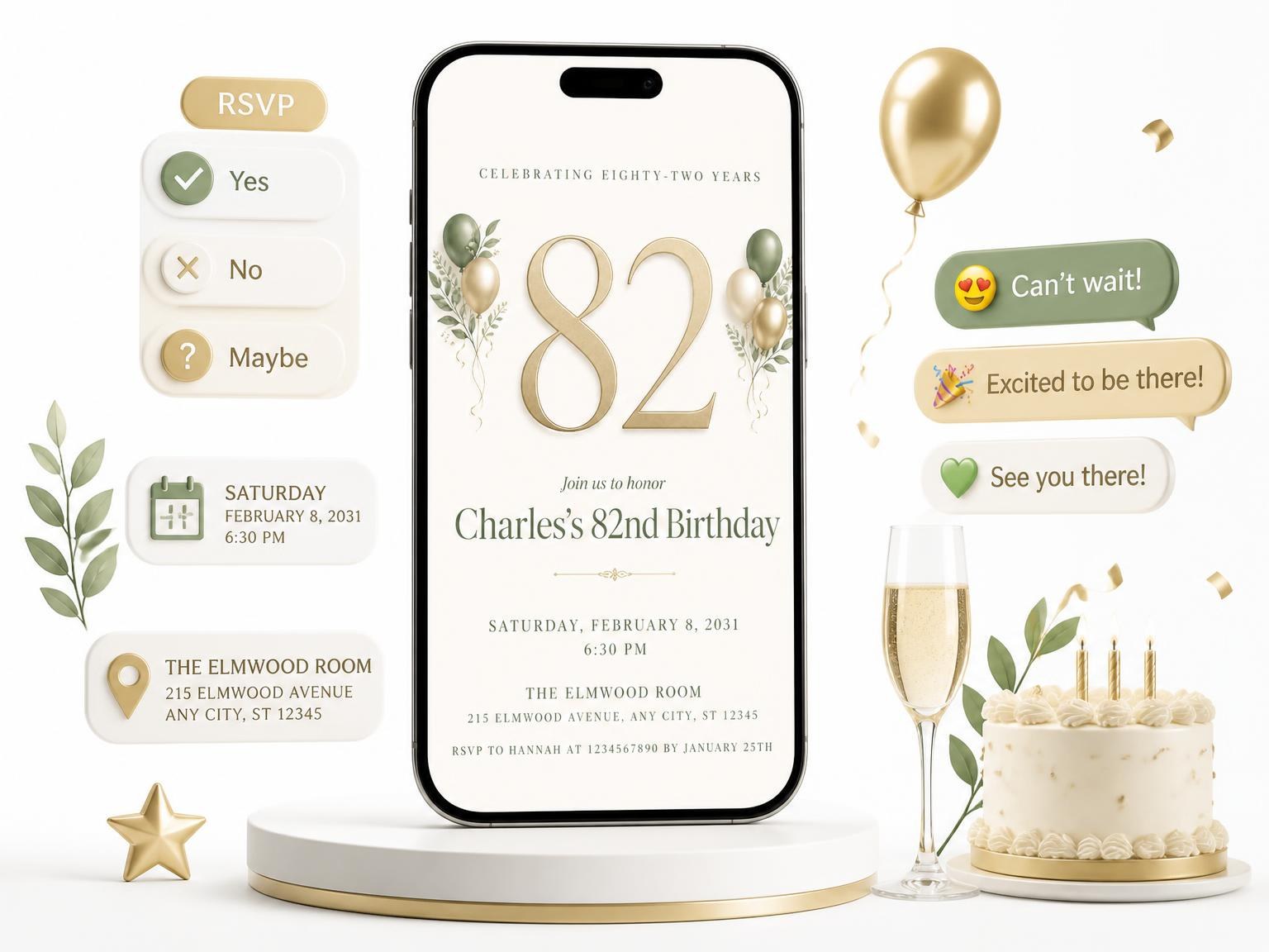 The Sage and Ivory 82nd Birthday Invitation invitation on a phone, with guest RSVPs arriving around it